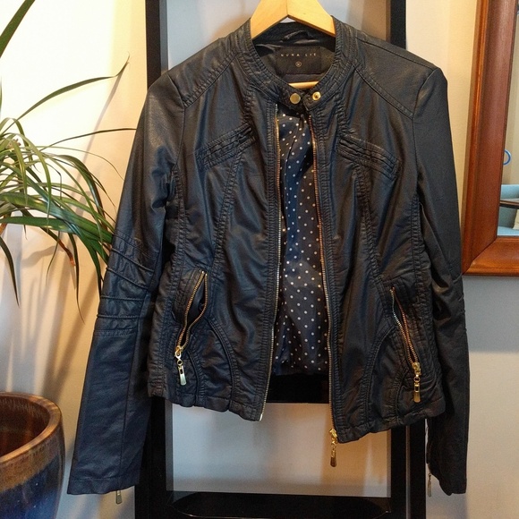 Faux Leather dark Navy Moto Jacket Bought in Italy - Quality! Vegan Gold zip S - Picture 3 of 15